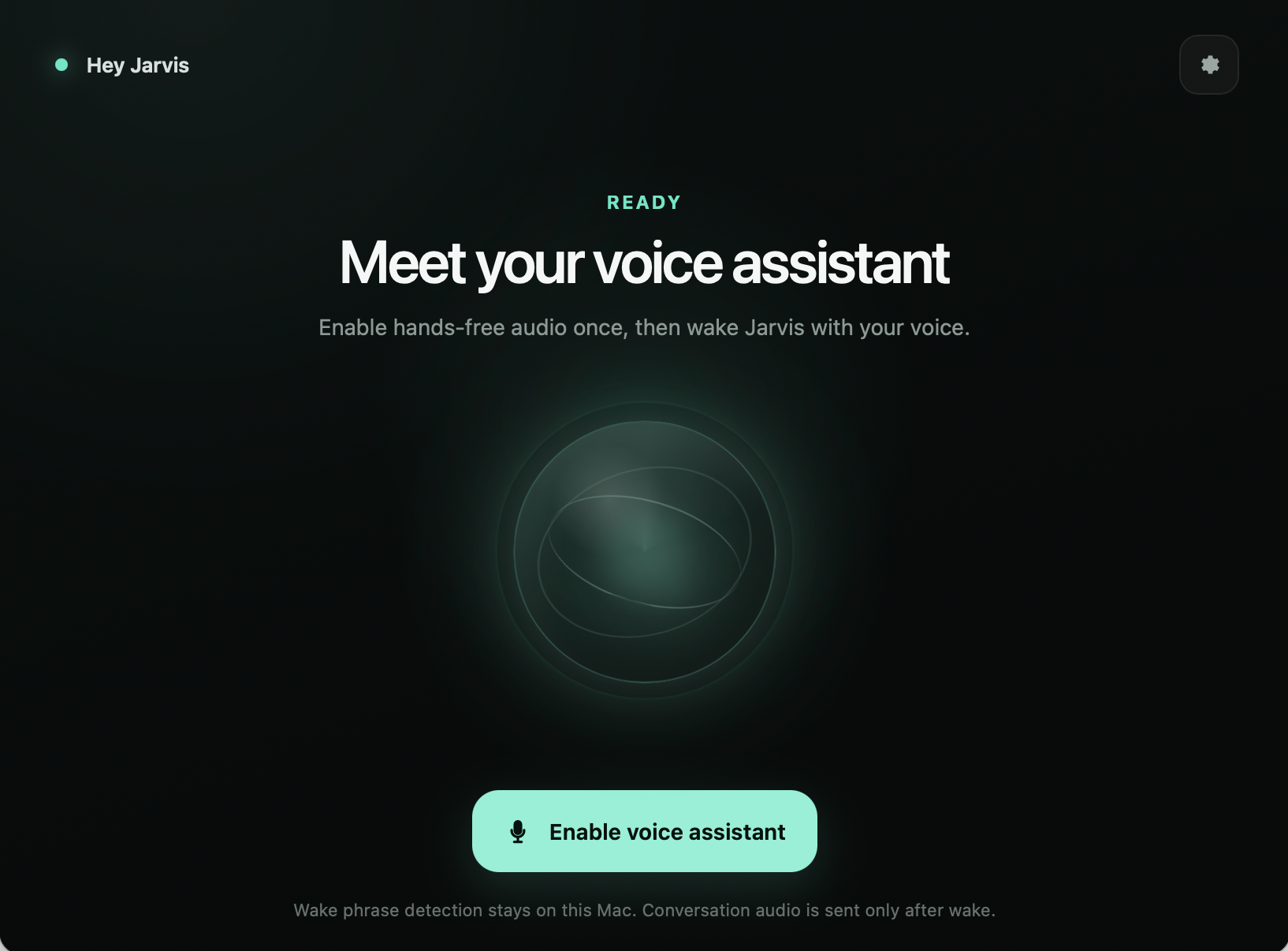 Hey Jarvis app welcome screen showing the Ready state, voice-assistant headline, and Enable voice assistant button